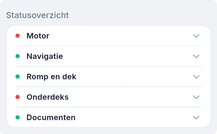 Uitsnede van het statusoverzicht met een groene of rode stip per systeem.