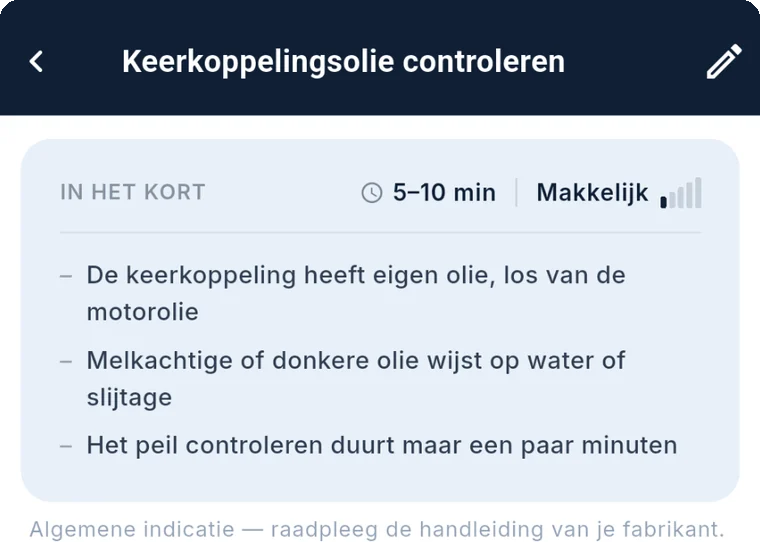 Uitsnede van een taakdetail: keerkoppelingsolie controleren, 5 tot 10 minuten, makkelijk, met drie uitlegregels.
