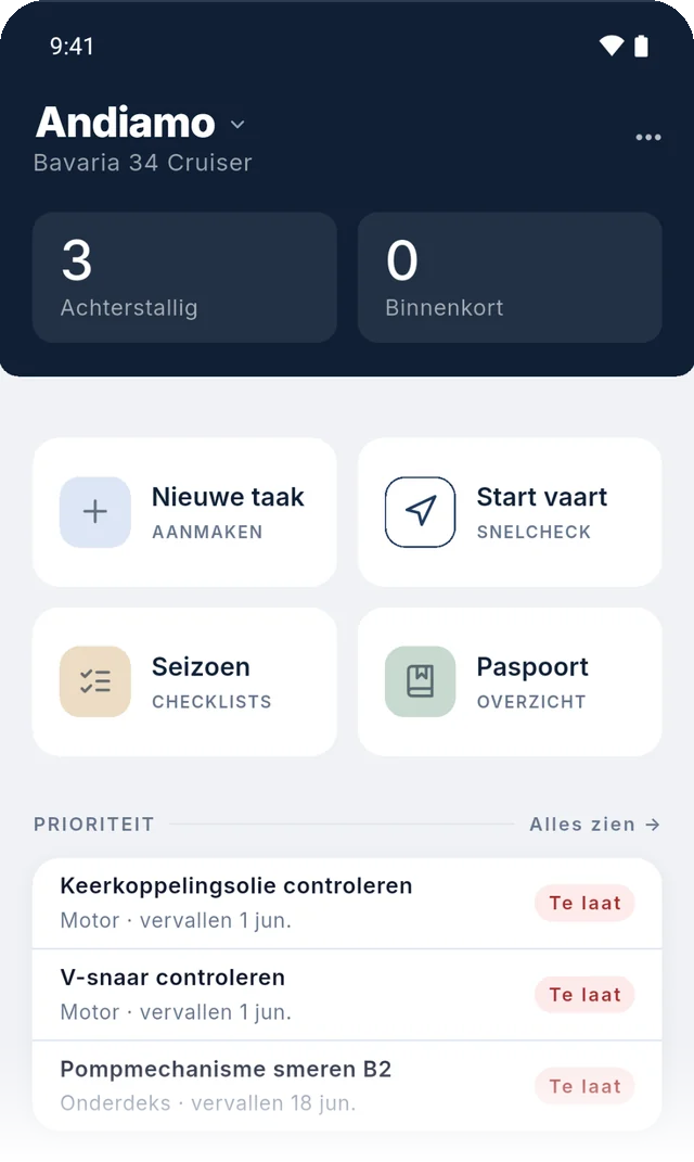 Startscherm van Boathealth met de tellers achterstallig en binnenkort, de snelacties en de prioriteitenlijst met te late taken.