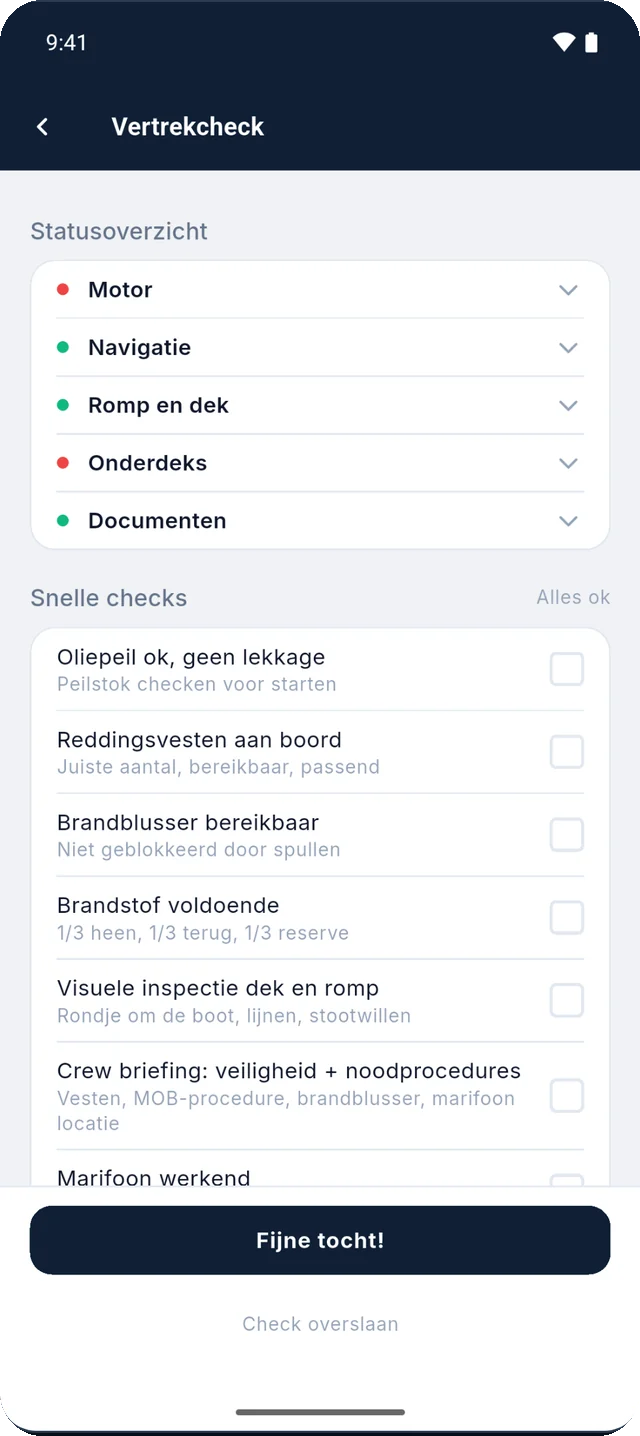 Vertrekcheck met statusoverzicht per systeem en een lijst snelle checks.